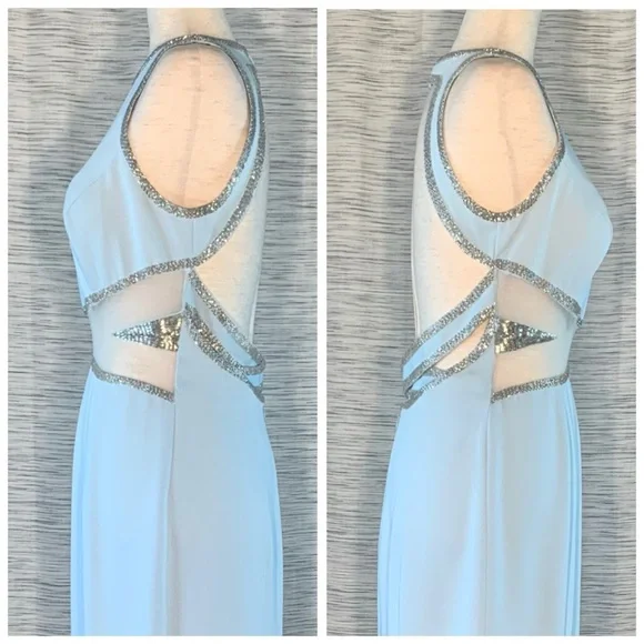Peak Evenings Sky Blue Sleeveless Formal Evening Gown With Mesh Midriff. - Picture 10 of 15